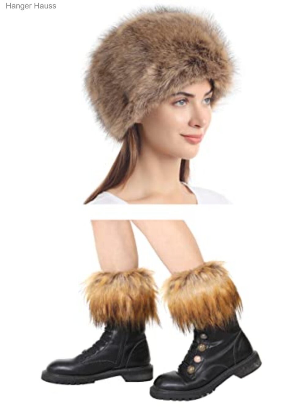 Faux Fur Russian Hat & Plush Leg Cuffs Warm Winter Set One Size